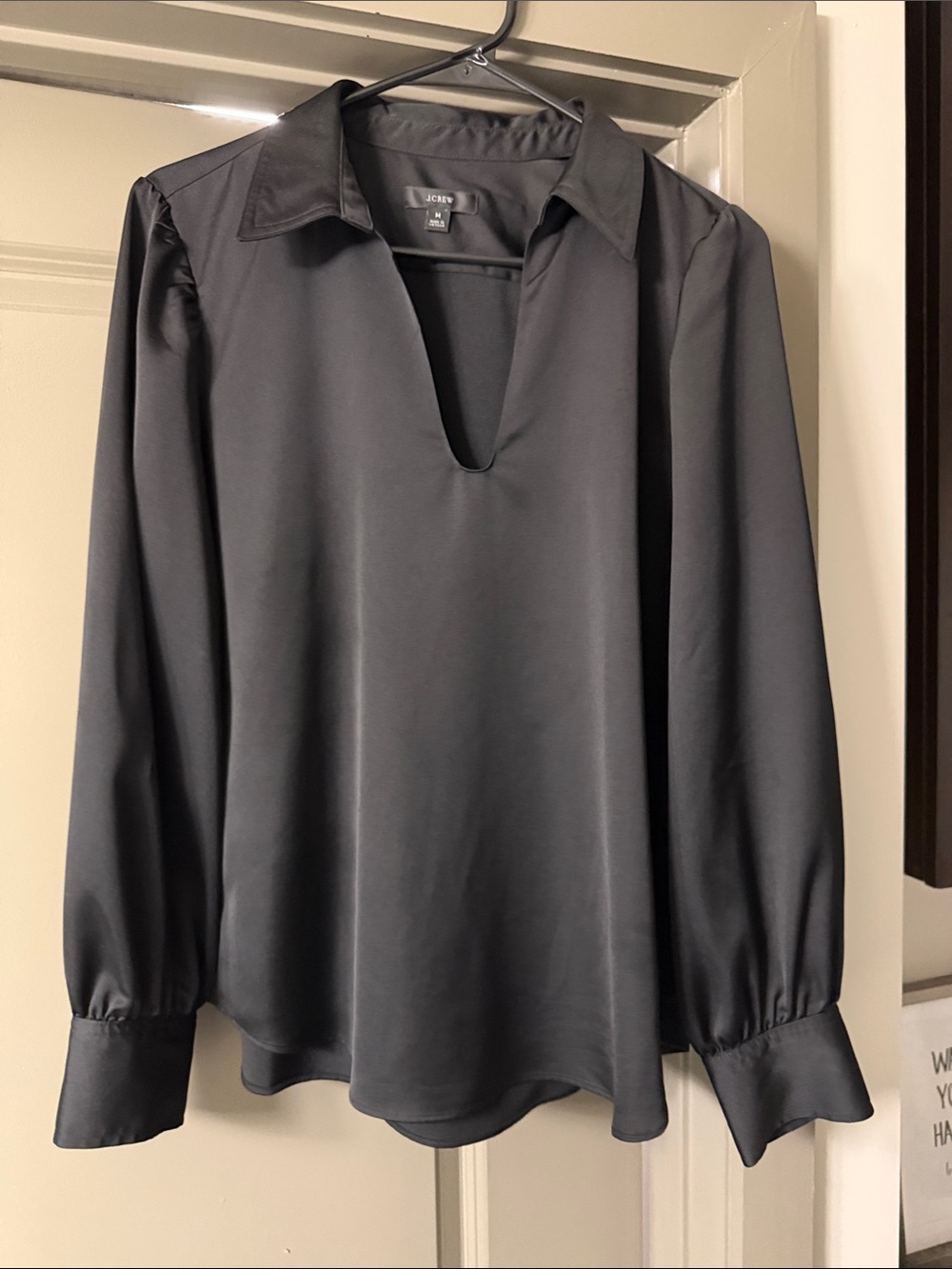 J. Crew Black Satin V-Neck Collared Long-Sleeve Blouse